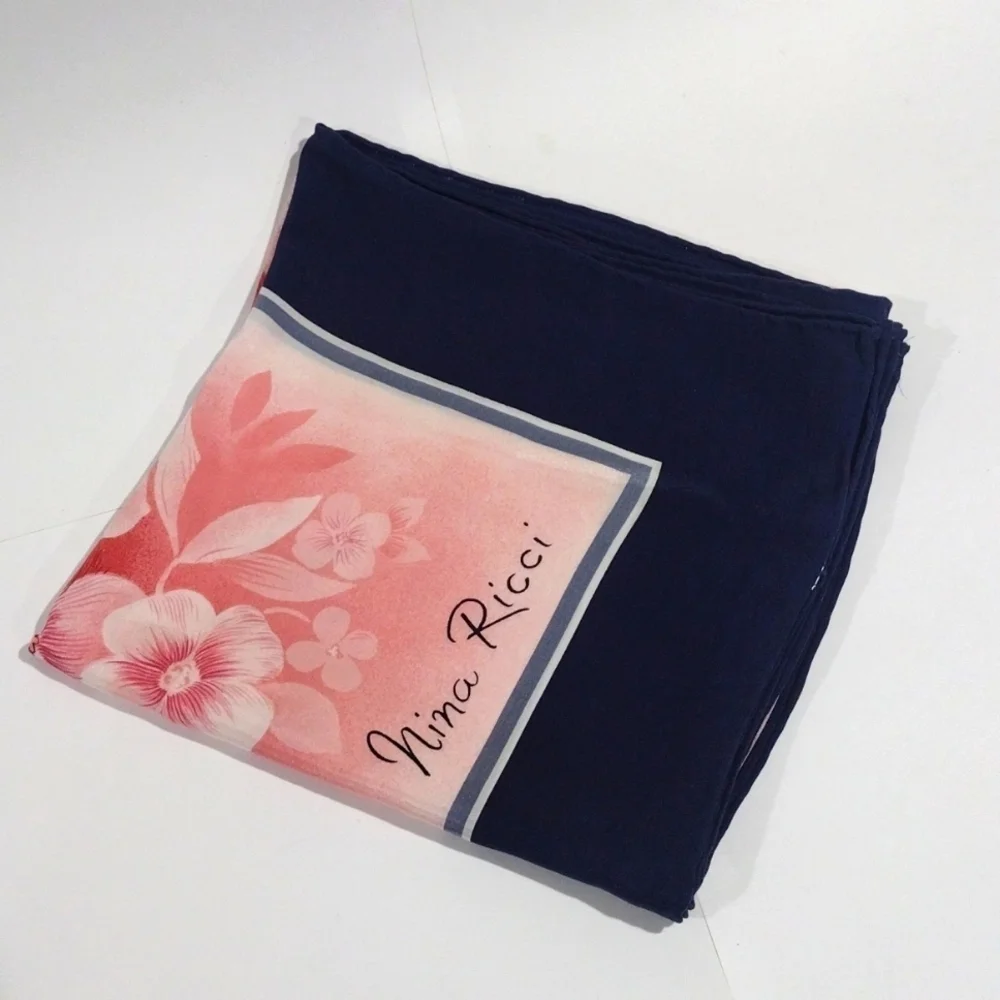 Luxury Nina Ricci Silk Scarf – Pink Floral Design with Blue, Grey & White 30x30
